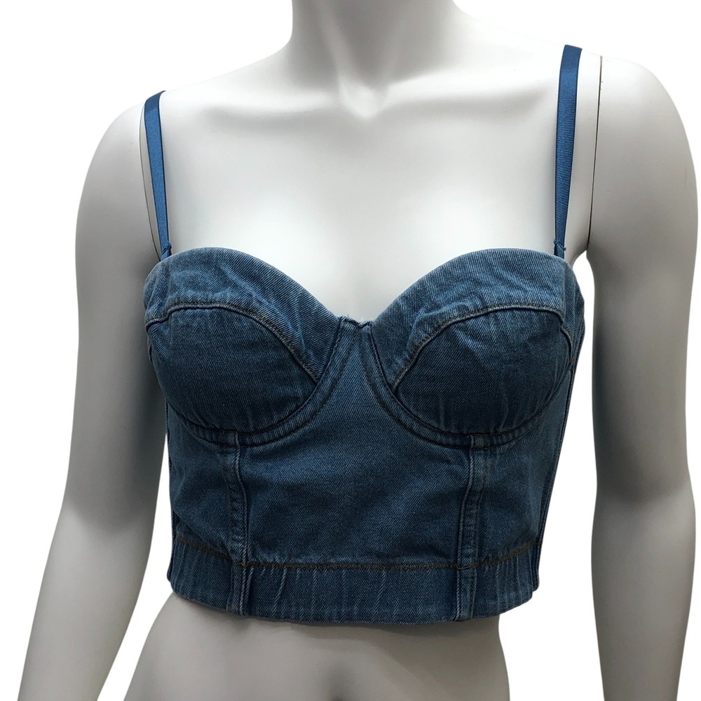 Denim Bustier Crop Top Womens Medium 38C Jean Corset Bralette Adjustable Straps‎